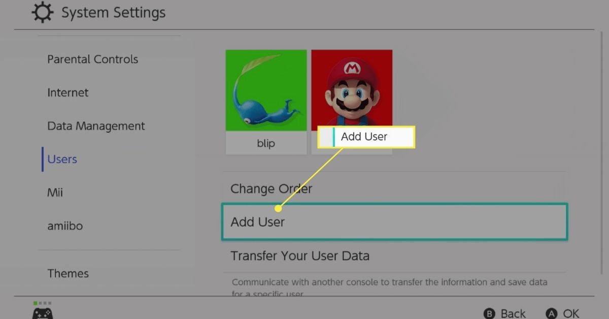 Lisää Nintendo Switchin järjestelmäasetuksista valittu käyttäjä.
