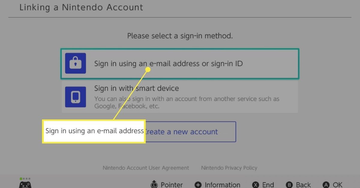 Kirjaudu sisään sähköpostiosoitteella tai kirjautumistunnuksella kohdassa Nintendo-tilin linkittäminen.