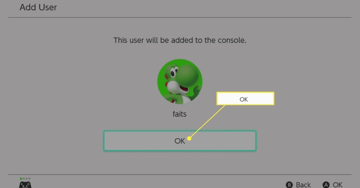 OK-painike Nintendo Switch -prosessissa käyttäjän lisäämistä varten.