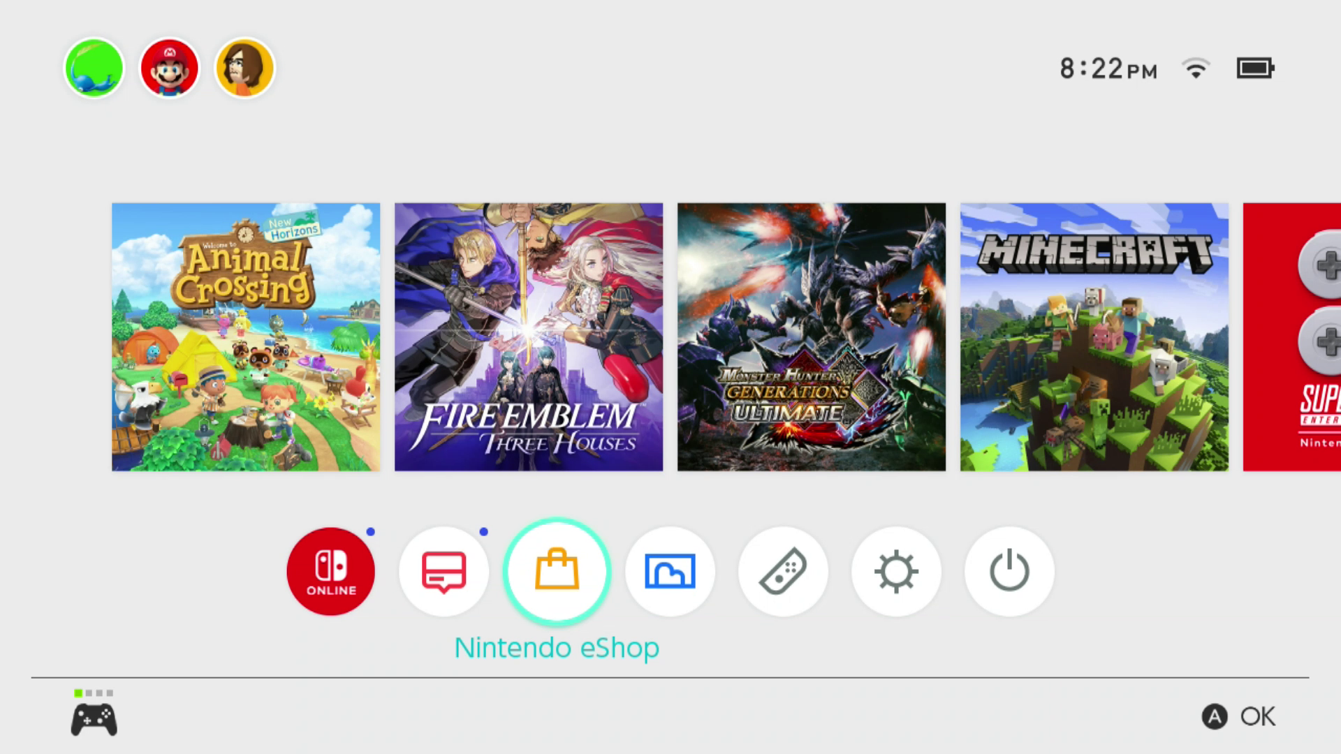 Lisätty uusi tili Nintendo Switchiin uusilla ladatuilla peleillä.