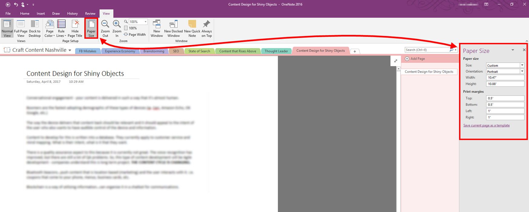 Näyttökaappaus Microsoft OneNote 2016:sta, jossa näkyy, kuinka oletuspaperikokoa muutetaan Notesissa.