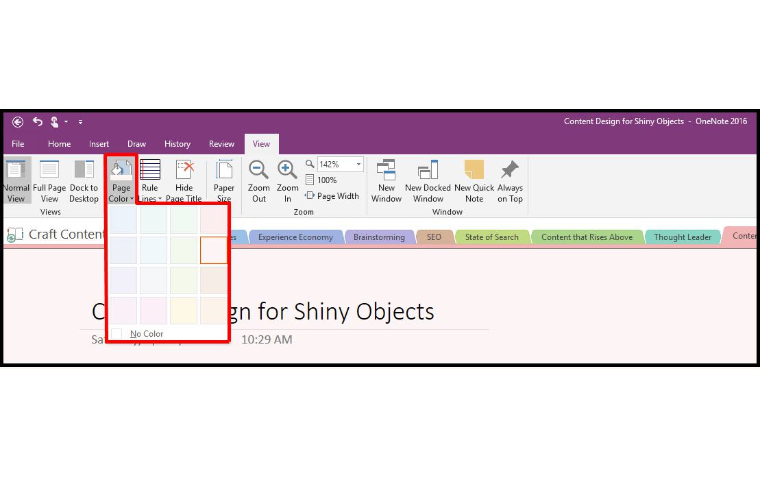 Muuta sivun väriä Microsoft OneNote 2016:ssa.