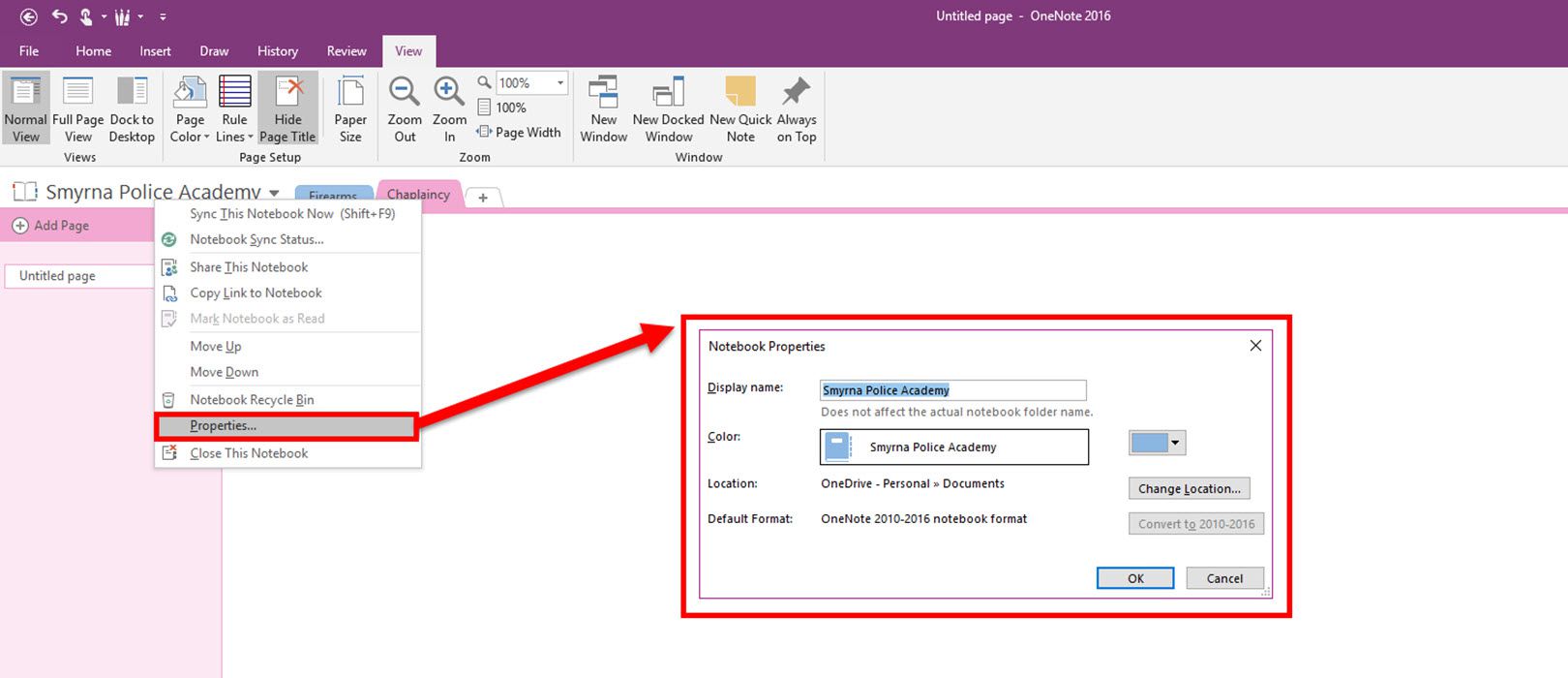 Muuta OneNote 2016 -muistikirjan ominaisuuksia, mukaan lukien näyttönimi ja muistikirjan väri.