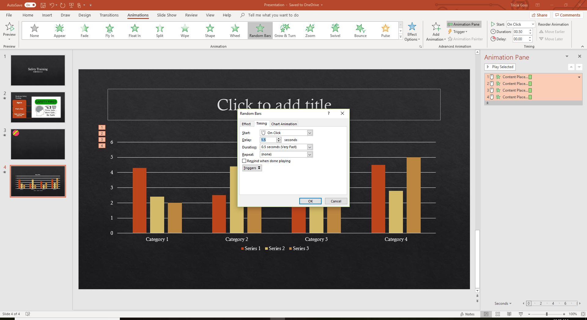 Kuvakaappaus PowerPointin Chart Animation Timing -ominaisuudesta.