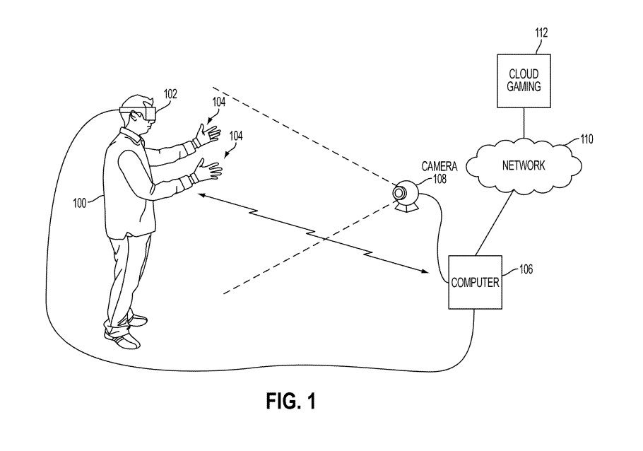 Piirustus Sonyn yhdysvaltalaisesta patentista, joka näyttää pelaamisen pilvessä