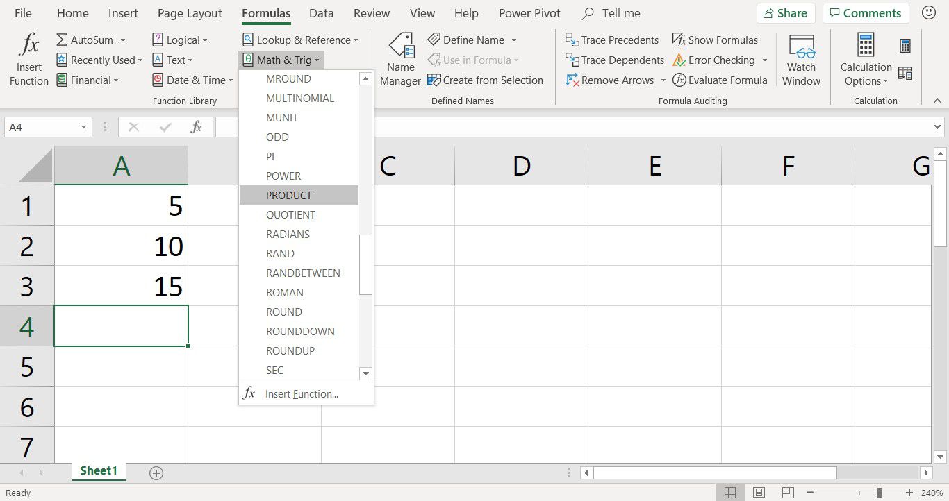 Kuvakaappaus, jossa näkyy Kaavat-välilehti ja Math & Trig -luettelo laajennettu näyttämään PRODUCT-toiminto Excelissä