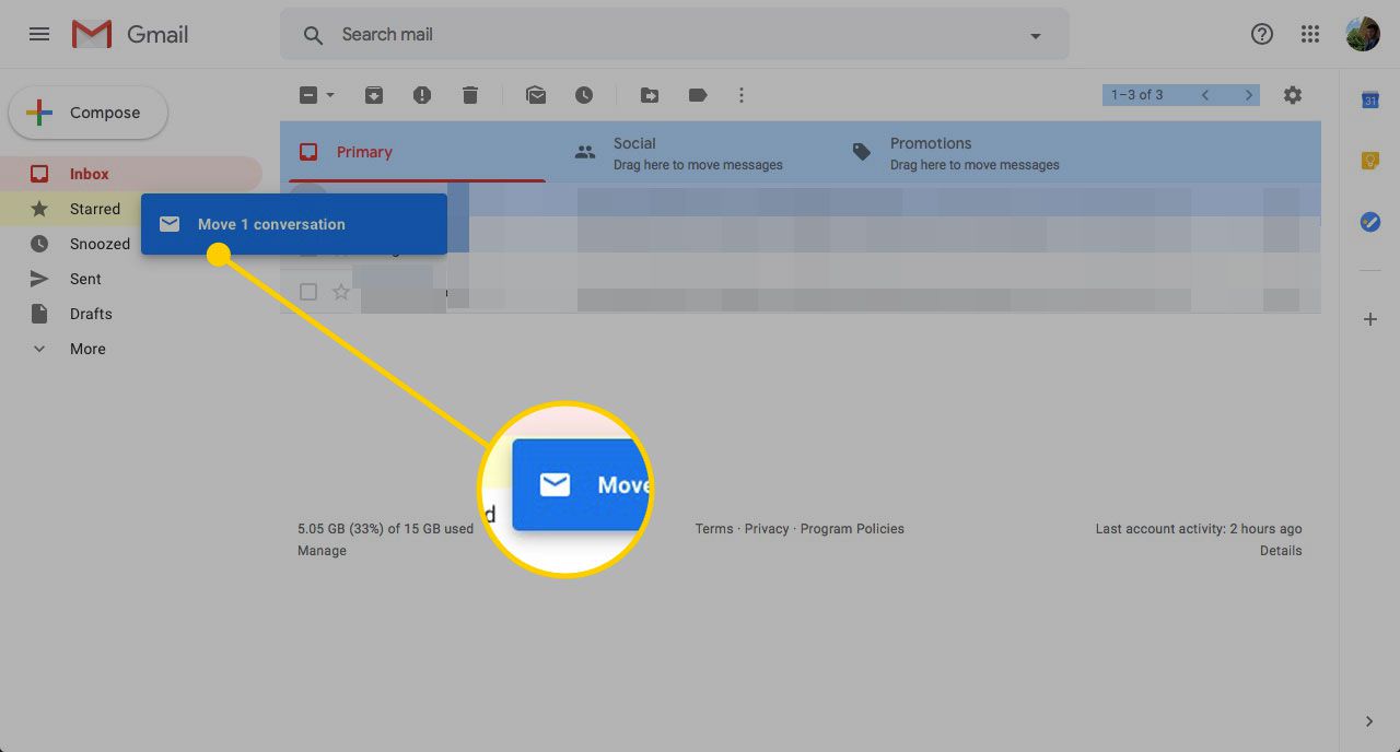 Gmail-postilaatikko, jossa viesti vedetään tunnisteeseen