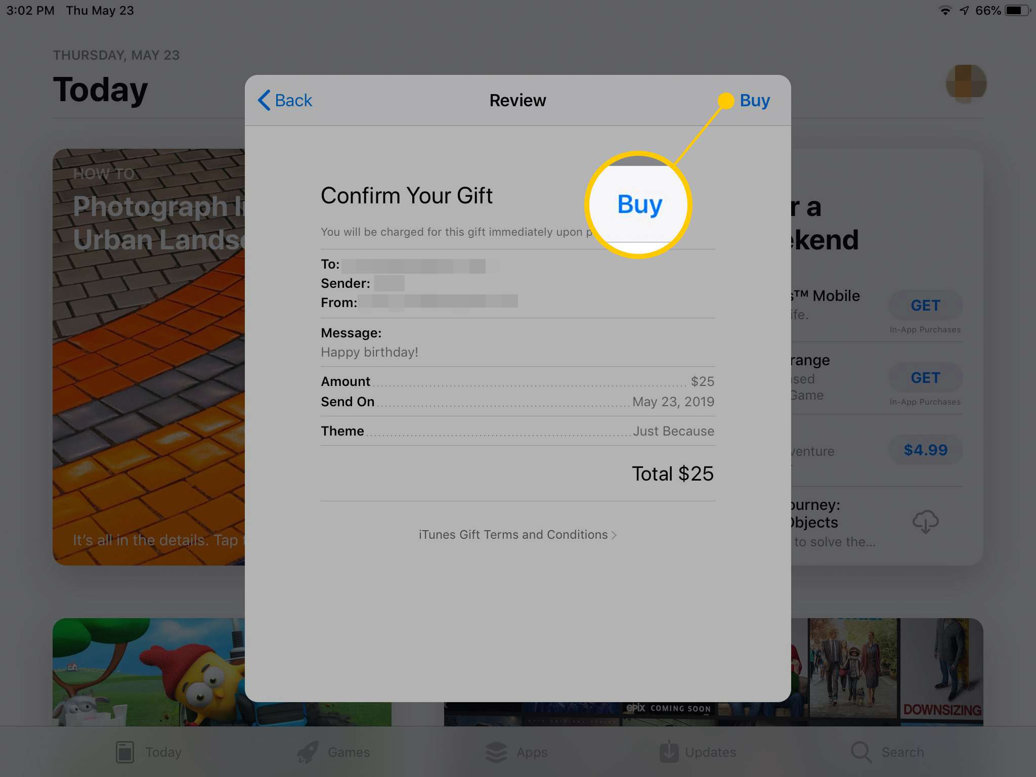Osta-painike App Storen Lahjakortti-valintaikkunassa