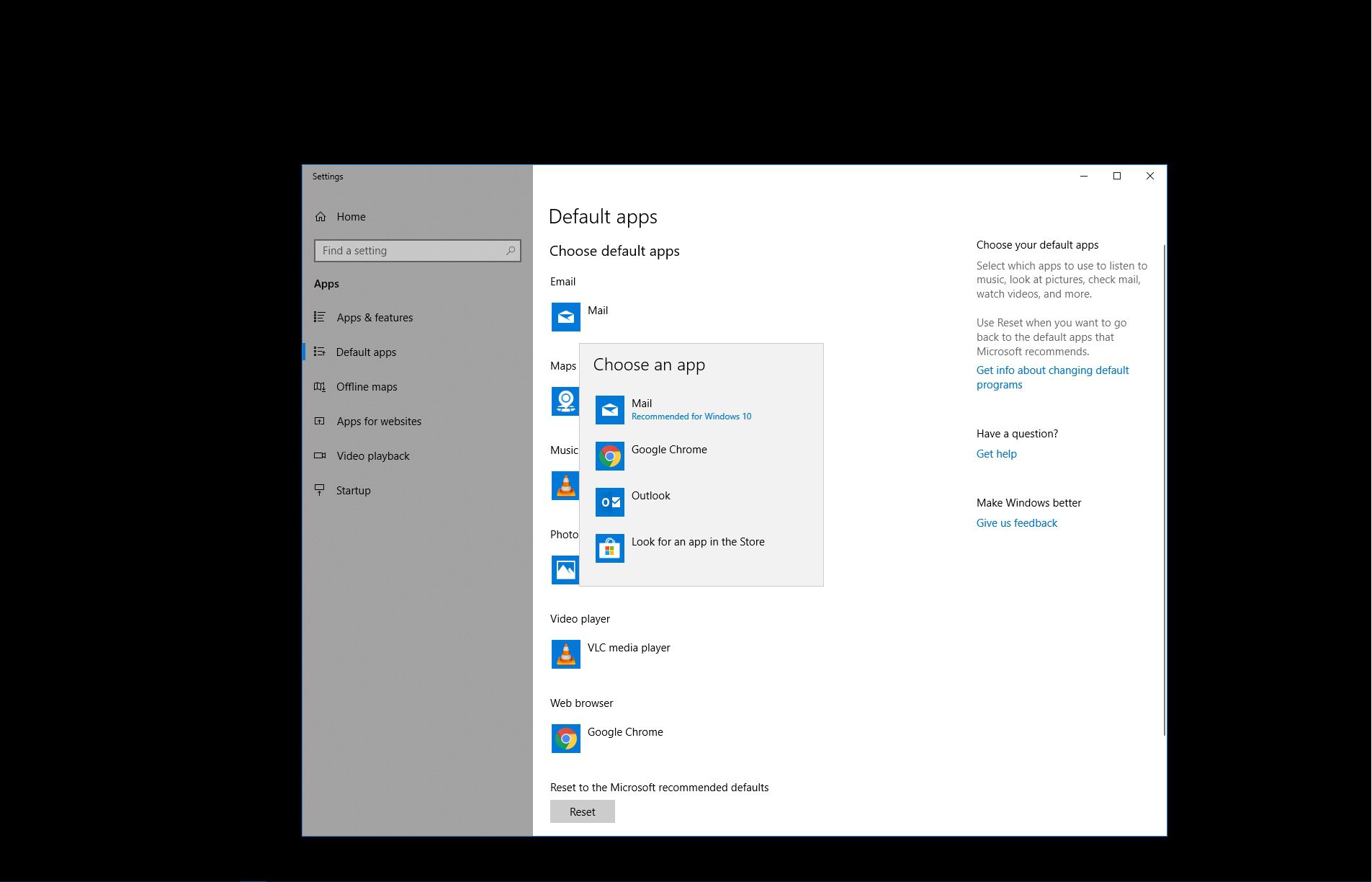 Oletussähköpostiohjelman valitseminen Windows 10:ssä.
