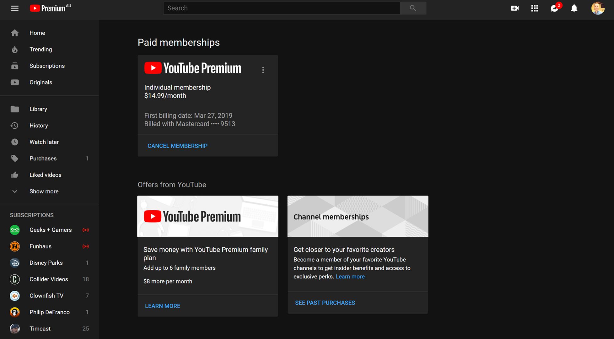 Peruuta YouTube Premium YouTube-sivustolla.