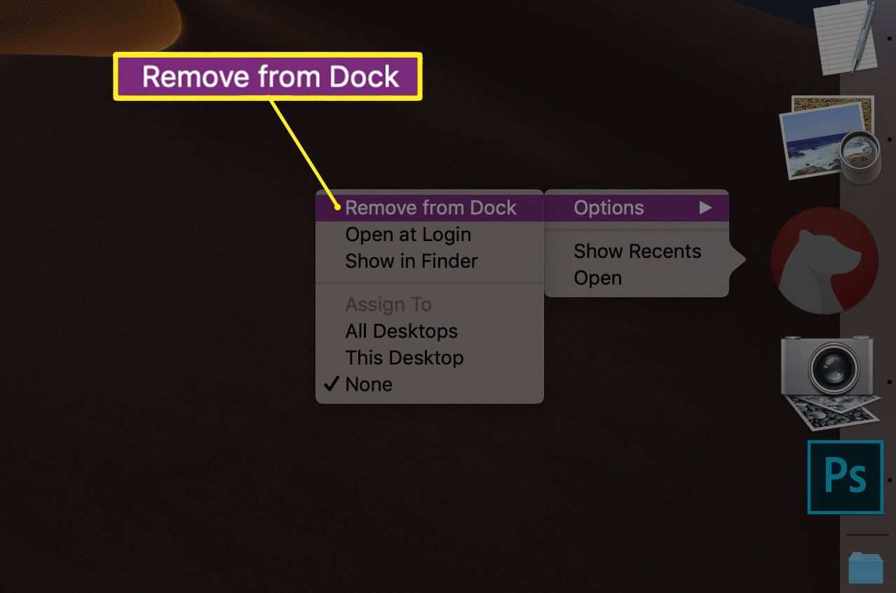 Poista Dock-alivalikosta kohta macOS