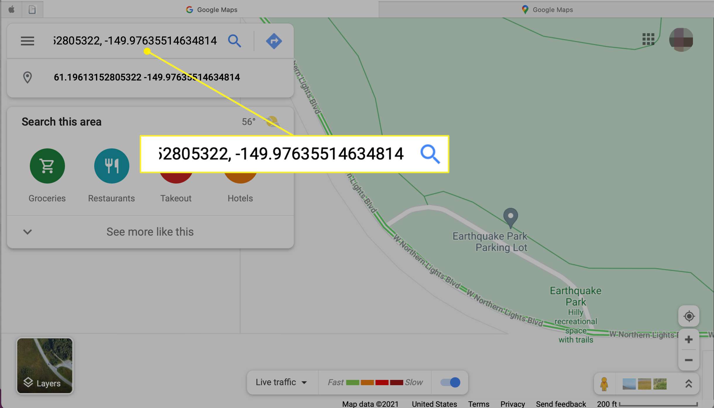 Google Maps, jossa on GPS-sijainti liitetty hakukenttään