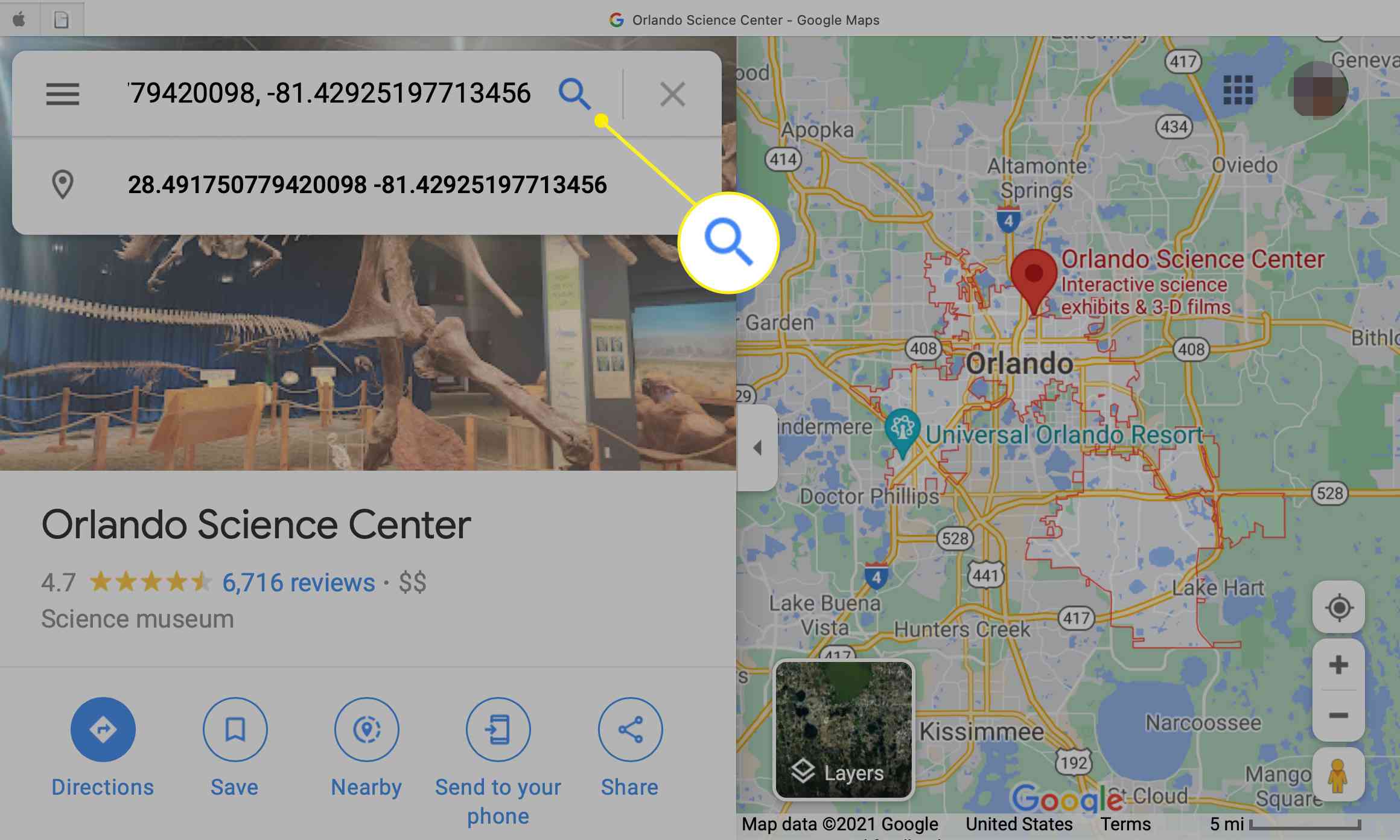 GPS-koordinoitu syötetty Google Mapsin hakukenttään