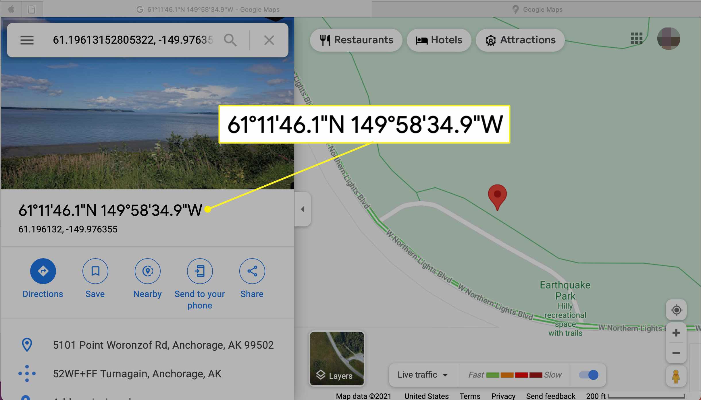 Google Maps -tietonäyttö GPS-koordinaateilla