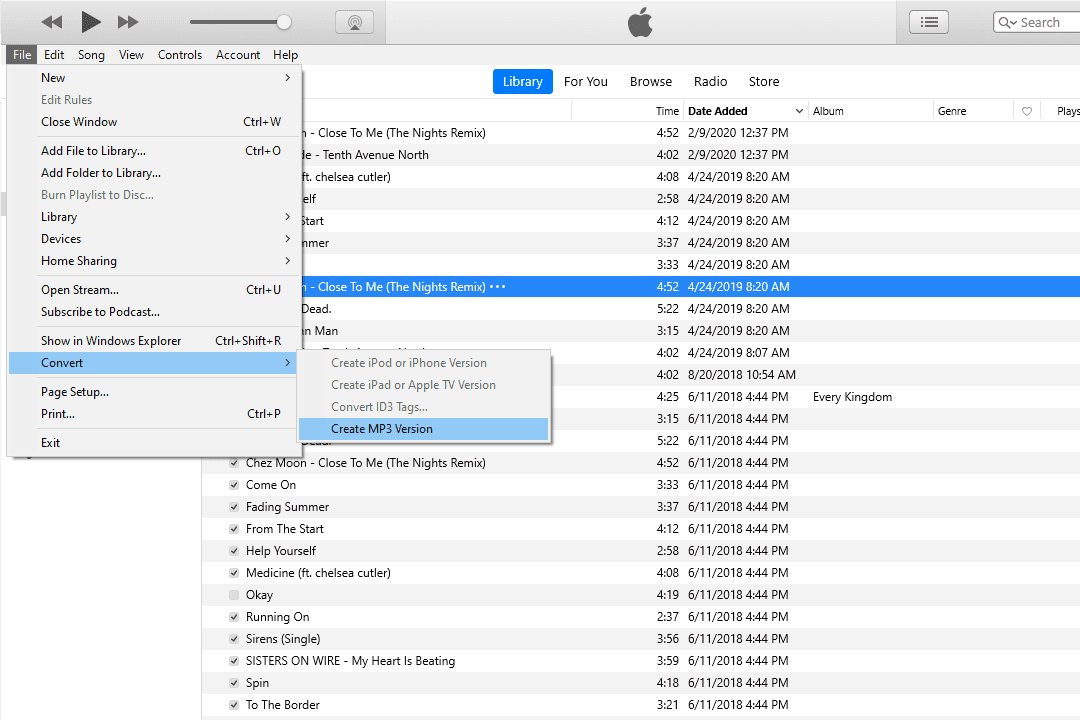 Luo MP3-versio -vaihtoehto korostettuna iTunes Convert -valikossa