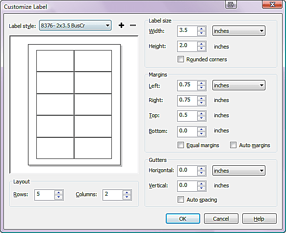 CorelDRAW Custom Labels -valintaikkuna