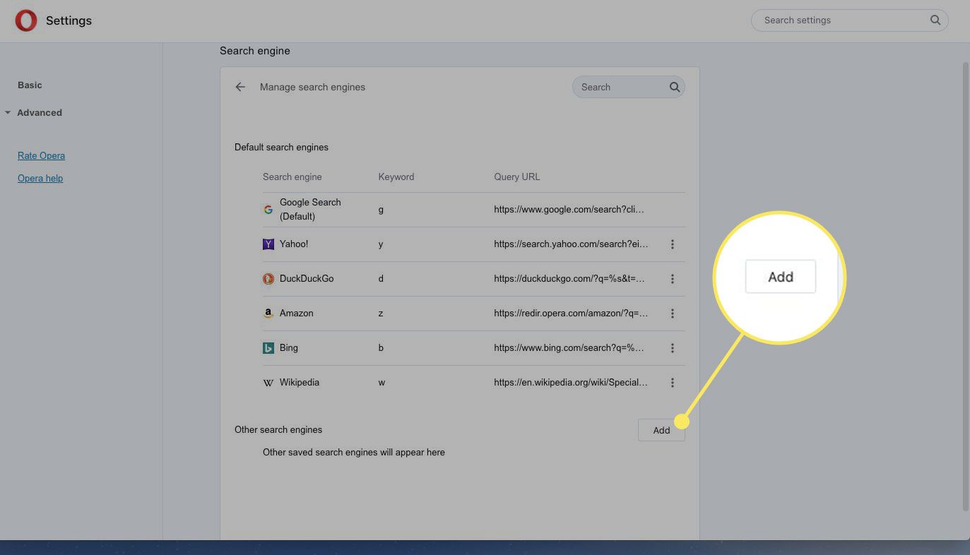 Lisää-painike Operan hakukoneen asetuksissa