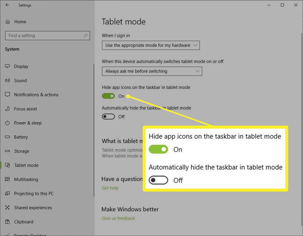 Tablettitilan asetukset Windows 10:ssä