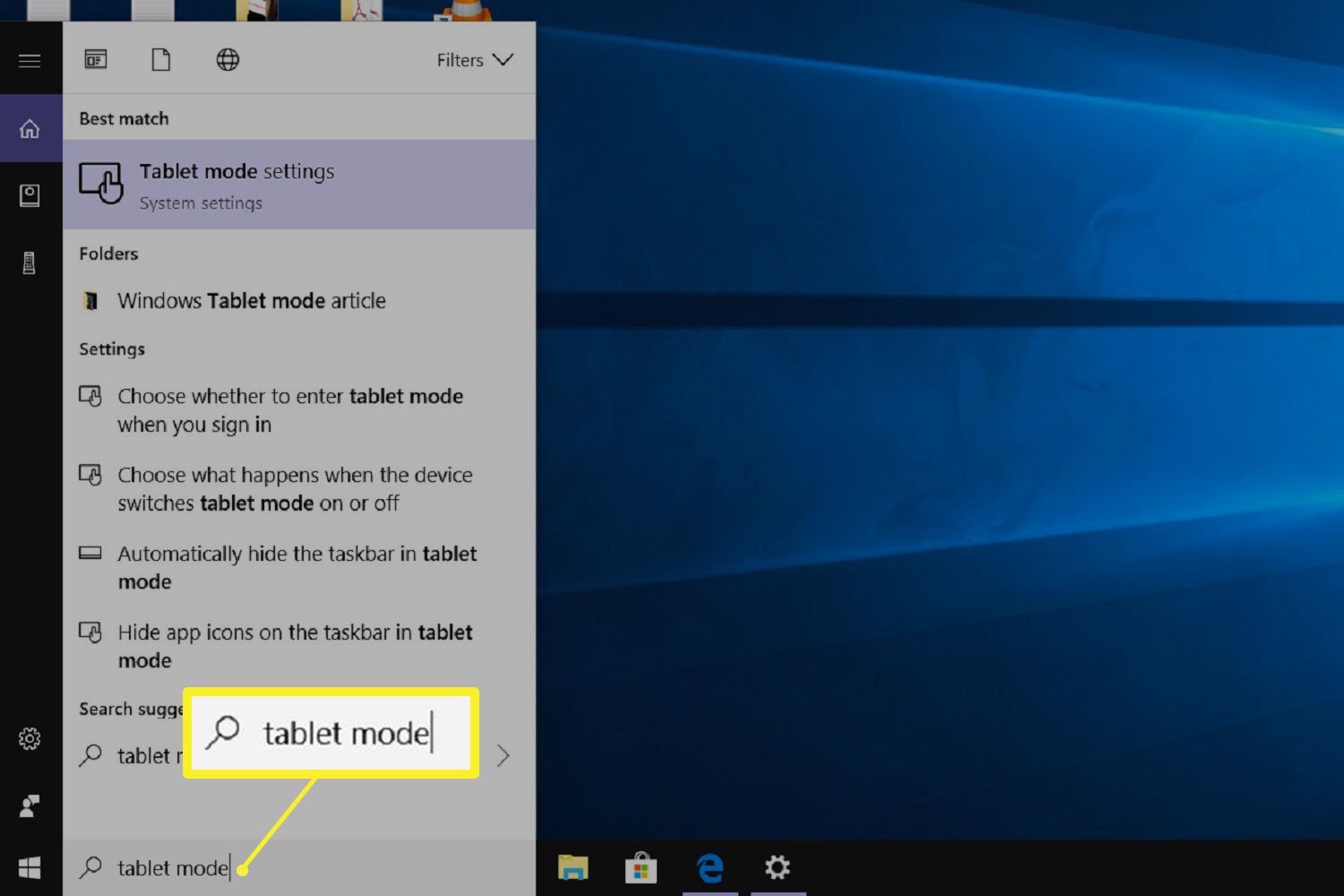 Hakupalkin avulla pääset Tablet Mode -asetuksiin Windows 10:ssä