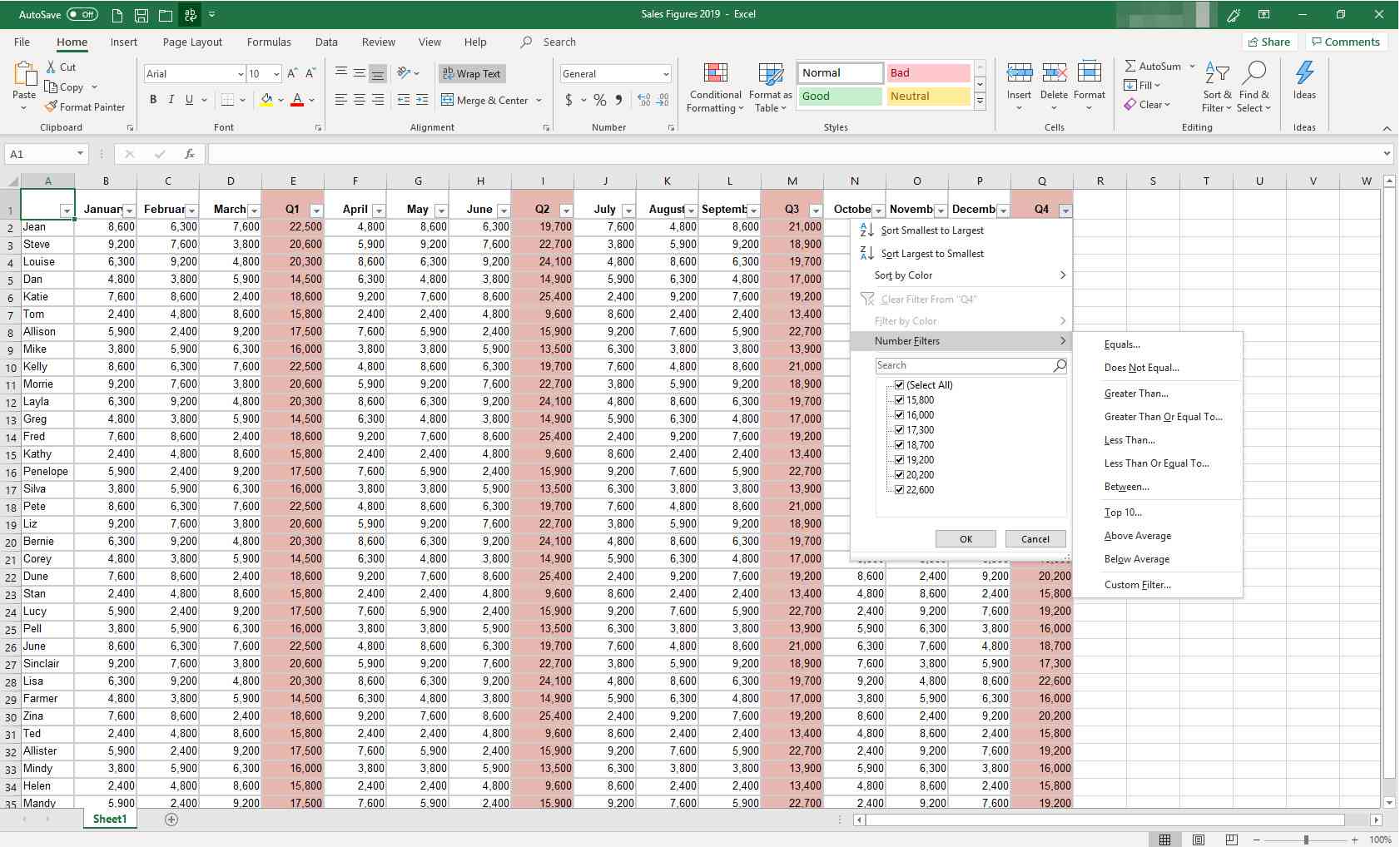 MS Excel suodattimien valintaikkunalla