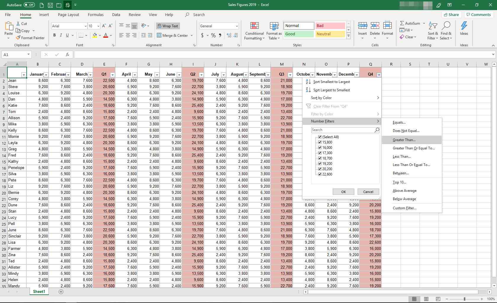 MS Excel, jossa suodatinvalikko on näkyvissä