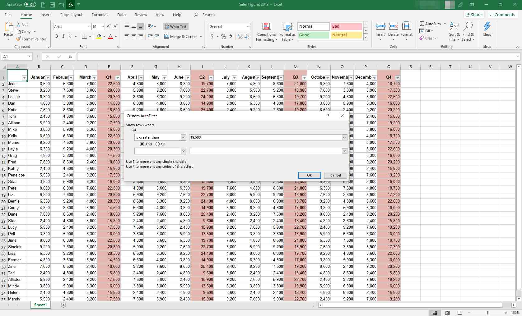 MS Excel, jossa on Mukautettu automaattinen suodatus -valintaikkuna