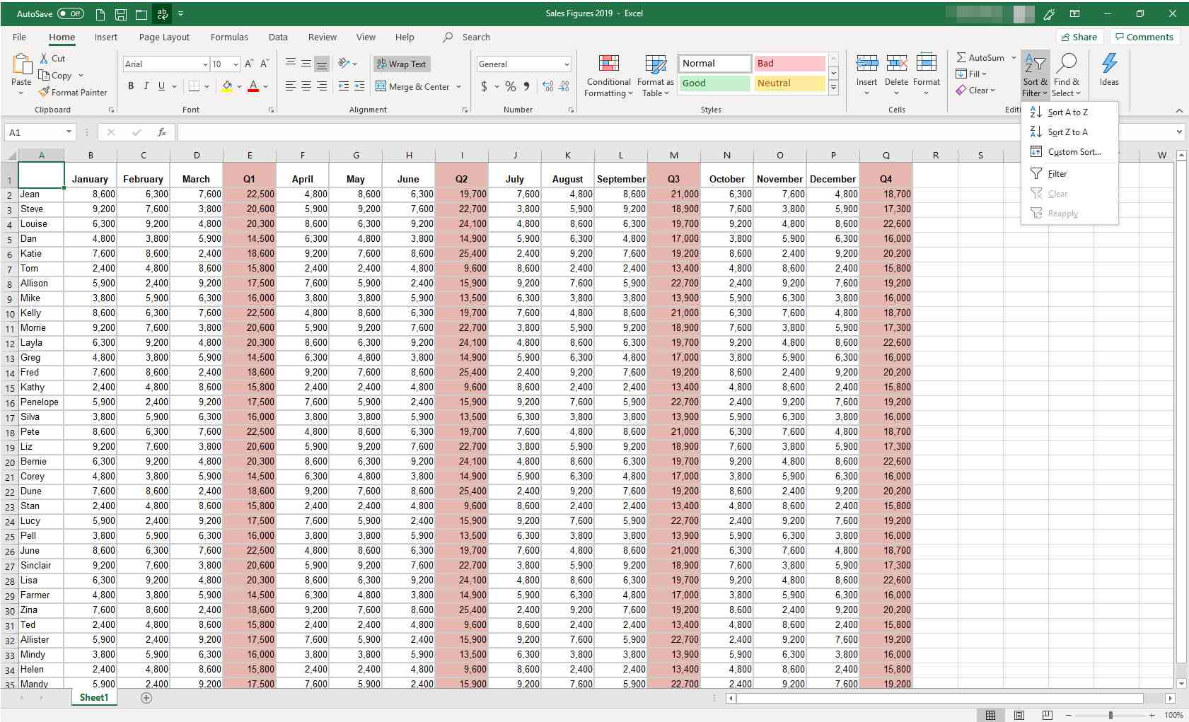 MS Excel -laskentataulukko, jossa on Lajittele ja suodata -valikko