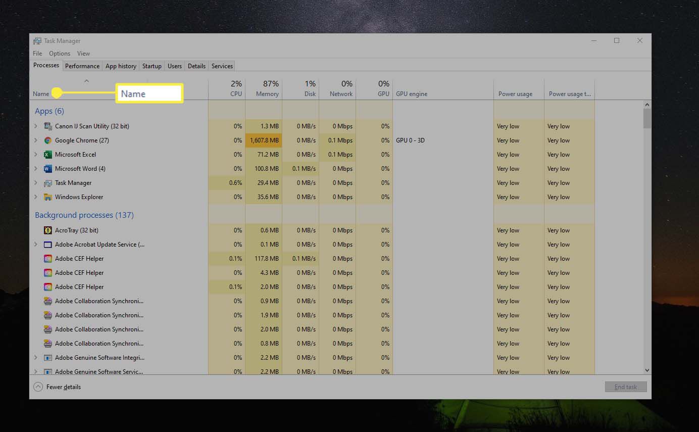 Windows 10 Task Manager, sarake "Nimi"