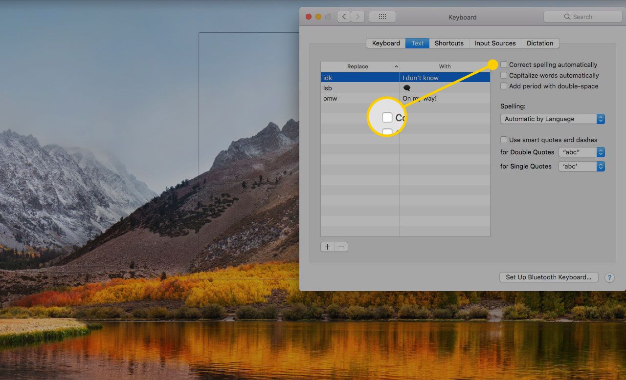 Näppäimistöasetukset macOS-järjestelmäasetuksissa, joissa "korjaa oikeinkirjoitus automaattisesti" -valintaruutu on merkitty