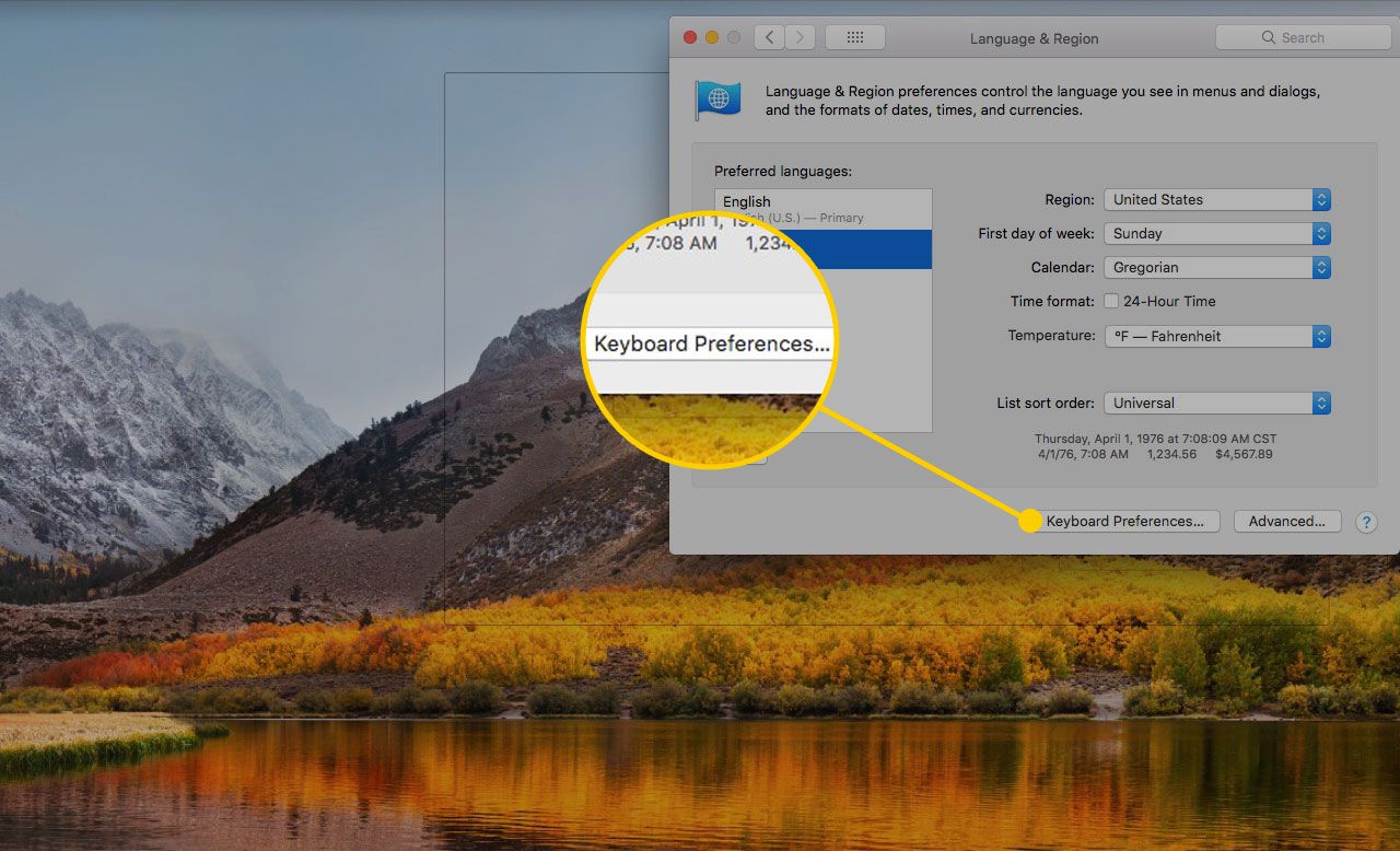 Näppäimistöasetukset -painike macOS-järjestelmäasetusten Kieli ja alue -osiossa