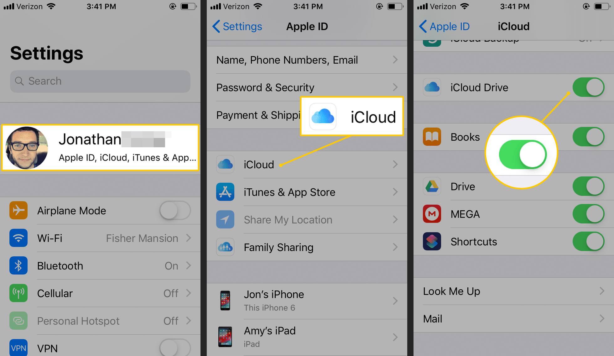 Asetukset iOS:ssä, kun iCoud ja iCloud Drive on valittu