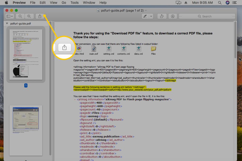 Jaa-painike PDF:ssä macOS:n esikatselussa