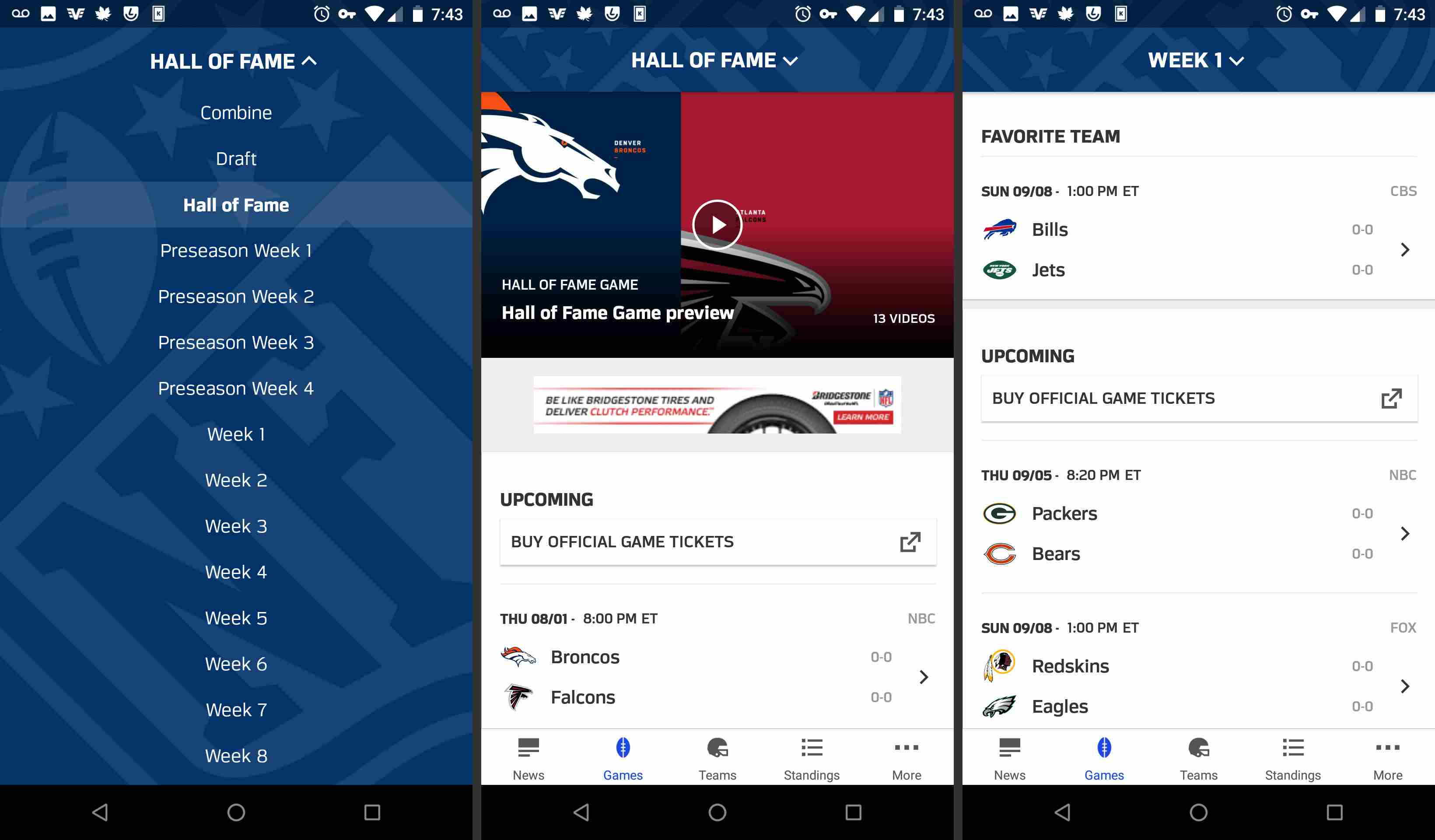 NFL-mobiilisovelluksen pelit ja aikataulu