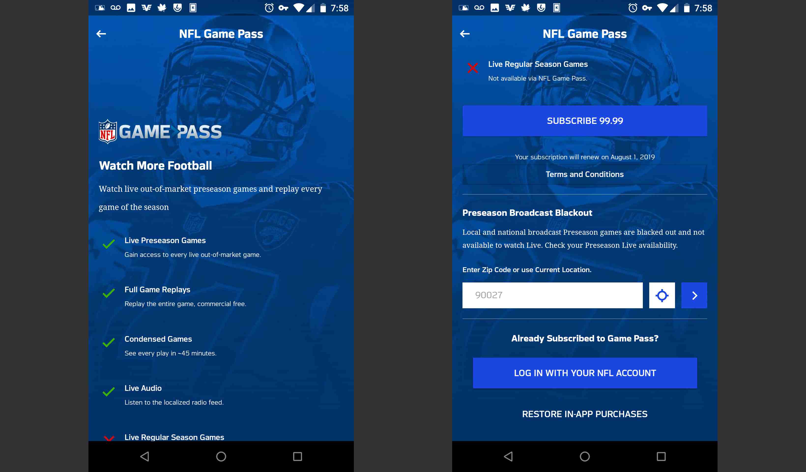 NFL Game Pass mobiilisovelluksen sivulla