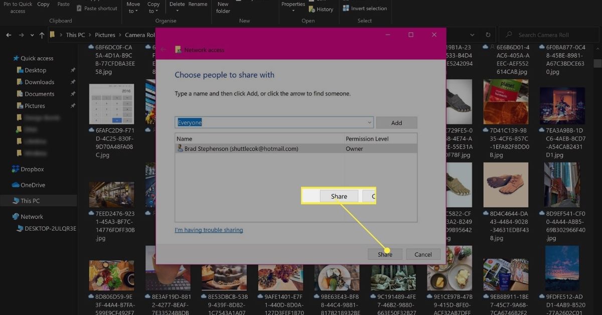 Jaa-painike Valitse ihmiset jaettaviksi vaihtoehtojen kanssa Surface Prossa Windows 10:ssä.