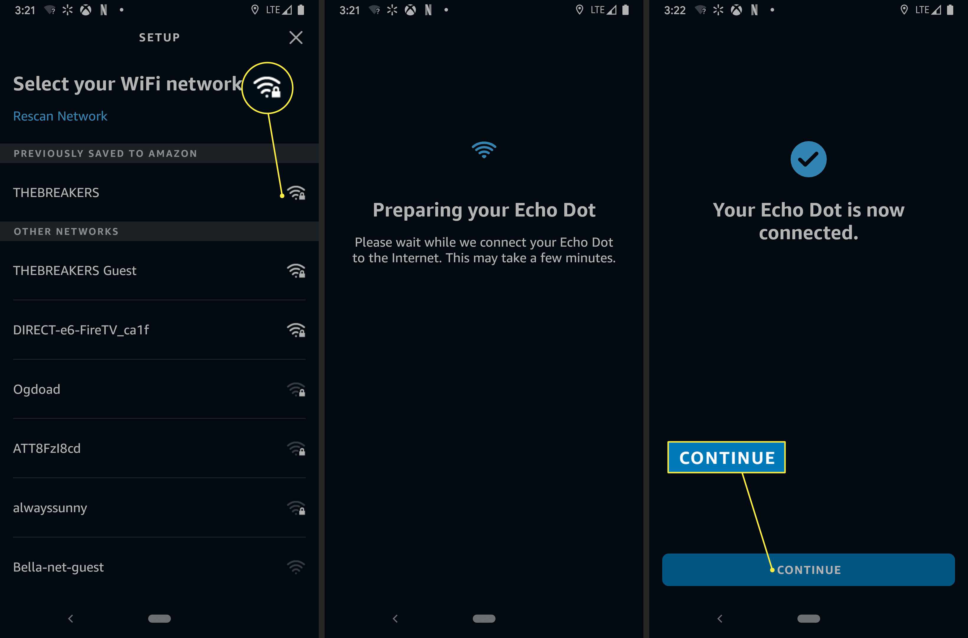 Wi-Fi-kuvake ja Jatka korostettuna Alexa pp:n Wi-Fi-asetuksissa