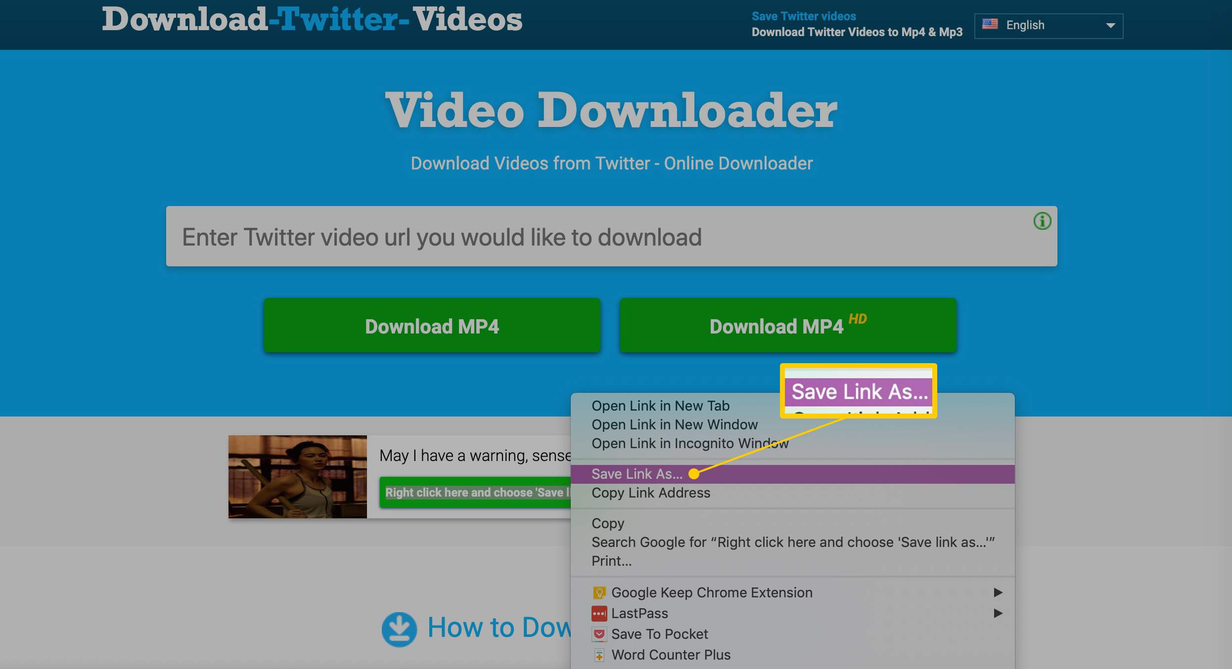 Tallenna linkki valikkokohtana Video Downloader -sivulla