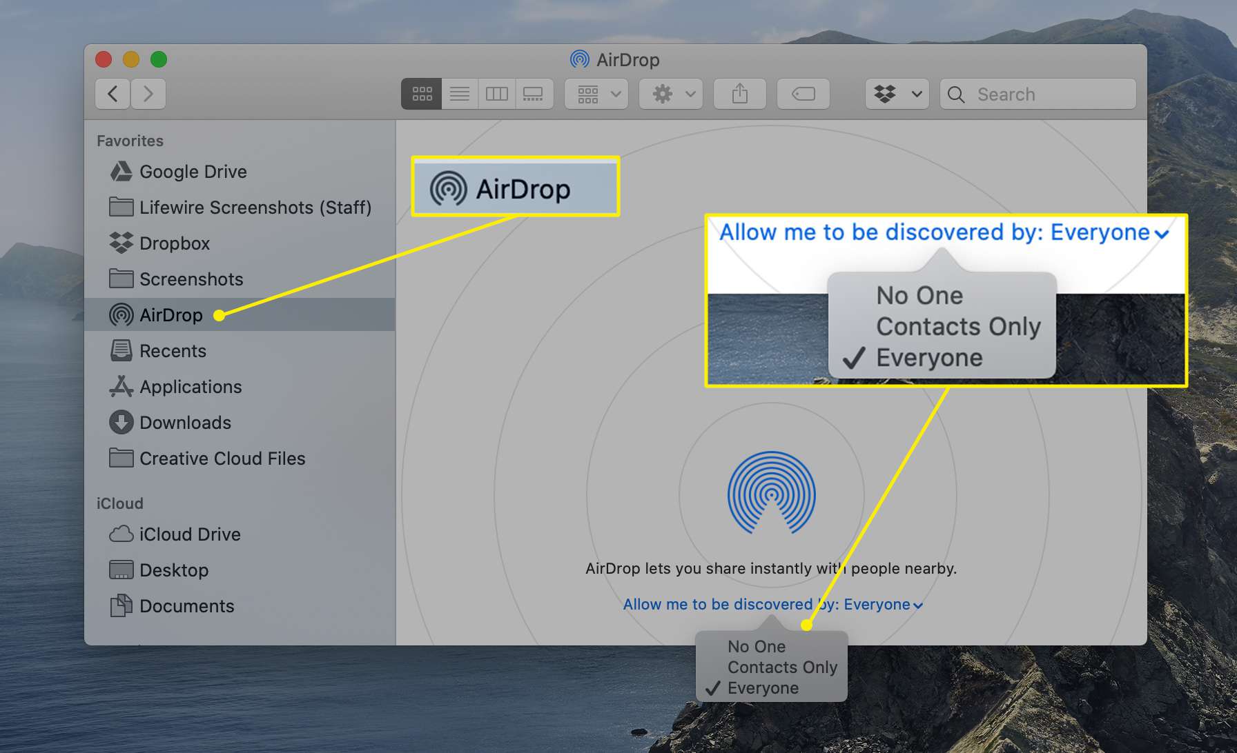 AirDrop, anna minun löytää: Kaikki macOS:ssä