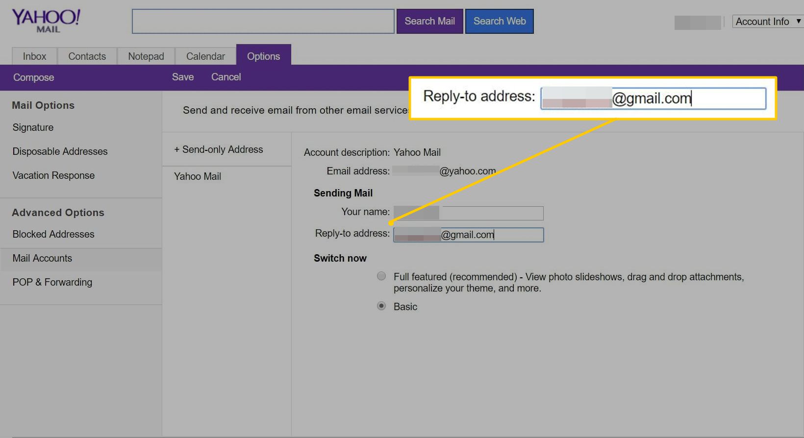 Vastausosoitekenttä Yahoo Mail Basicissa