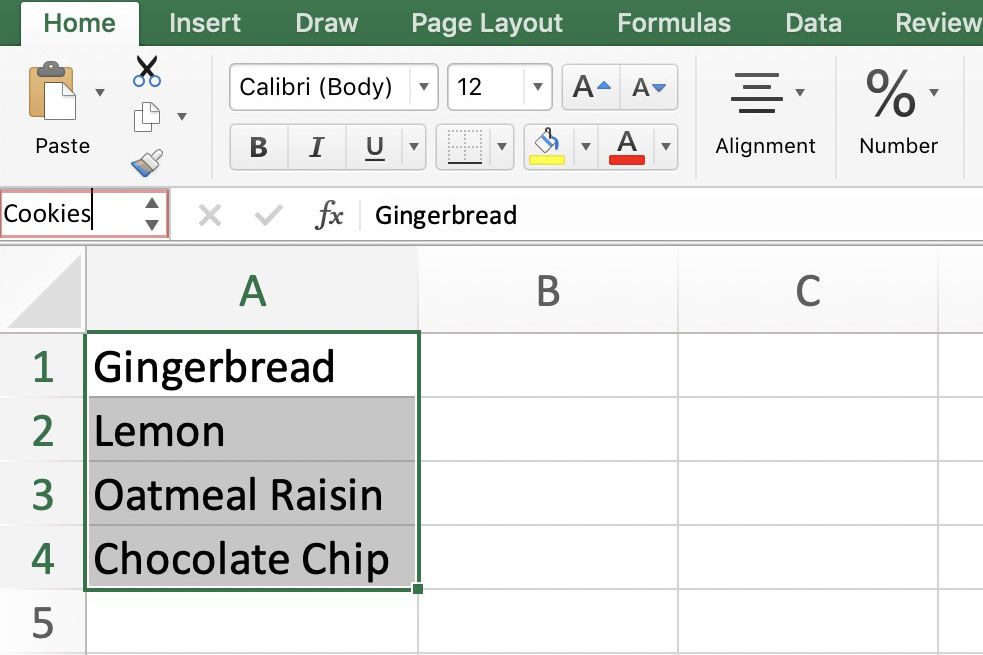 Excel-laskentataulukko, jossa on nimetty alue.