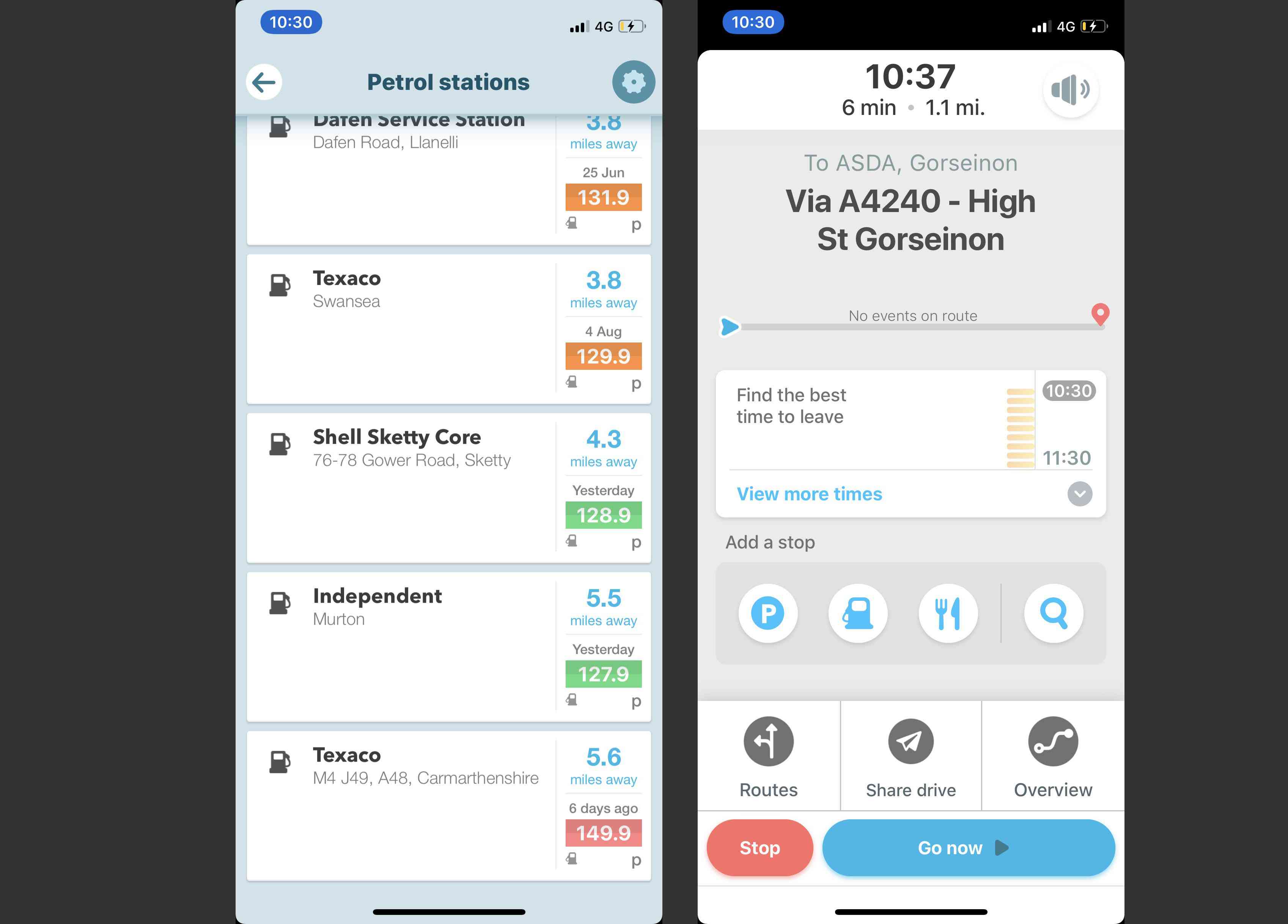 Waze iOS -sovellus, jossa on edistyneitä tietoja, mukaan lukien huoltoasemien hinnat