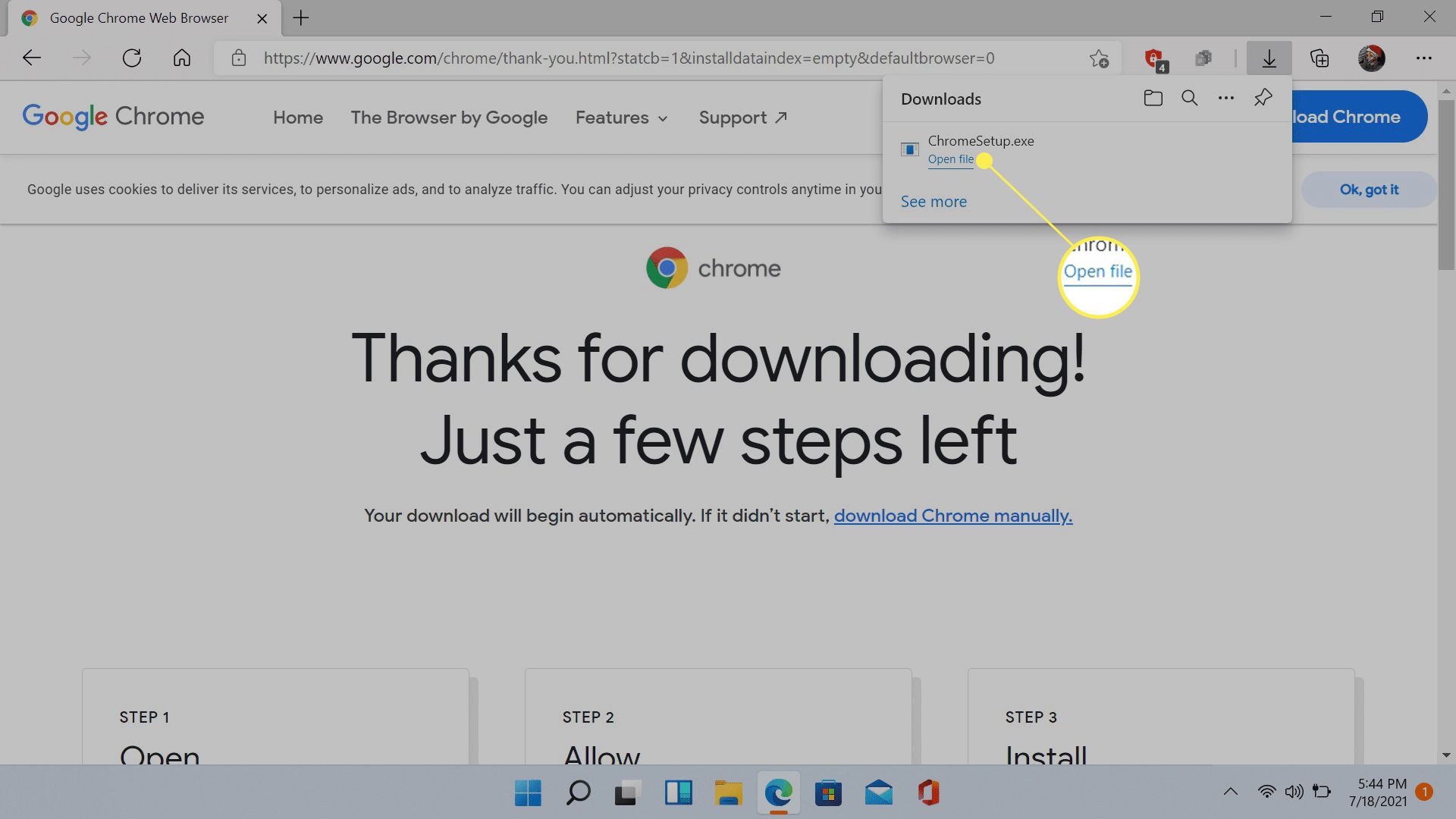 Avaa Edgessä korostettu ChromeSetup.exe-tiedosto Windows 11:ssä.