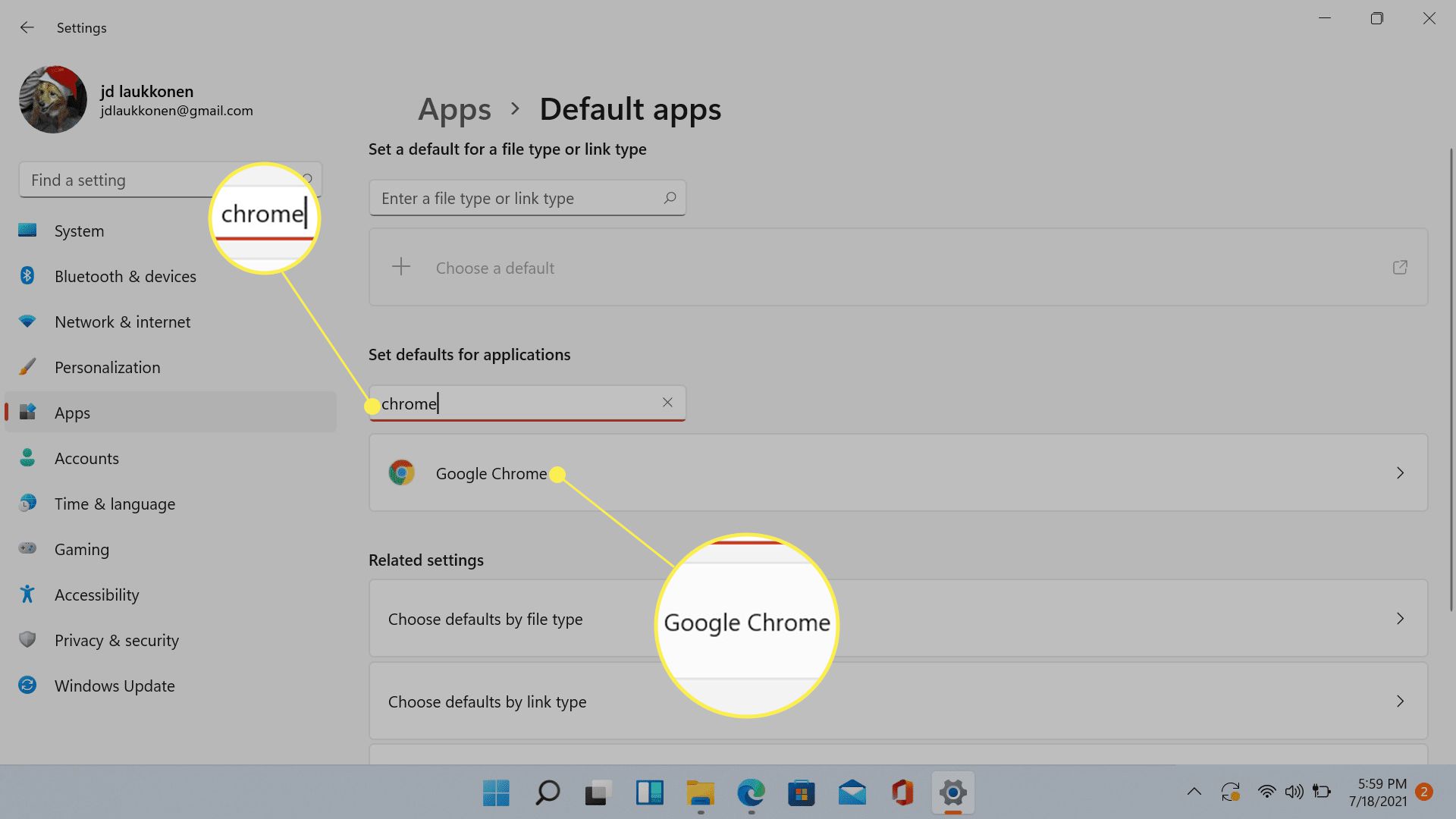 Google Chrome merkitty Windows 11:n oletussovelluksissa.