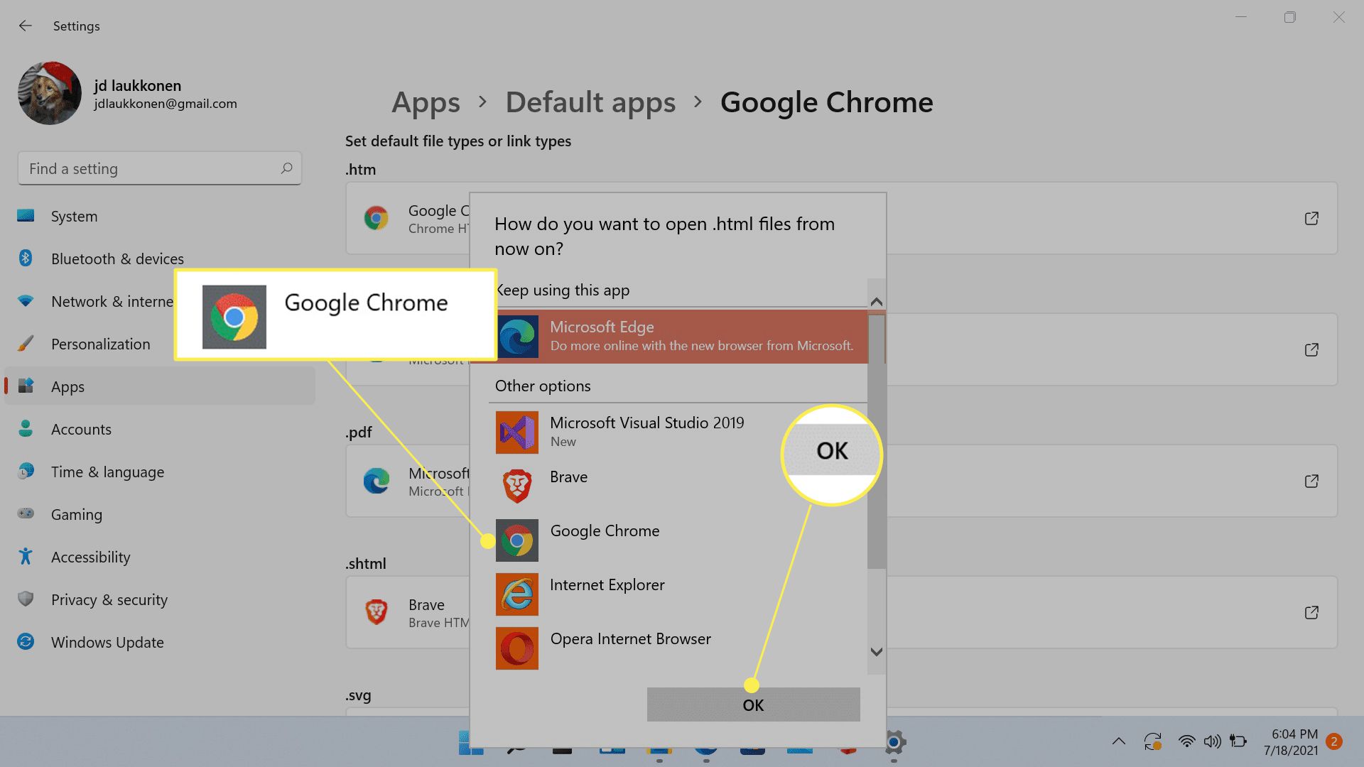 Google Chrome ja OK merkitty HTML-oletussovelluksiin Windows 11:ssä.
