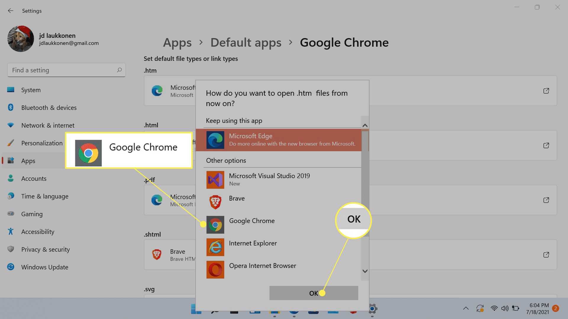 Google Chrome ja OK merkitty htm:n oletussovellusasetuksiin Windows 11:ssä.
