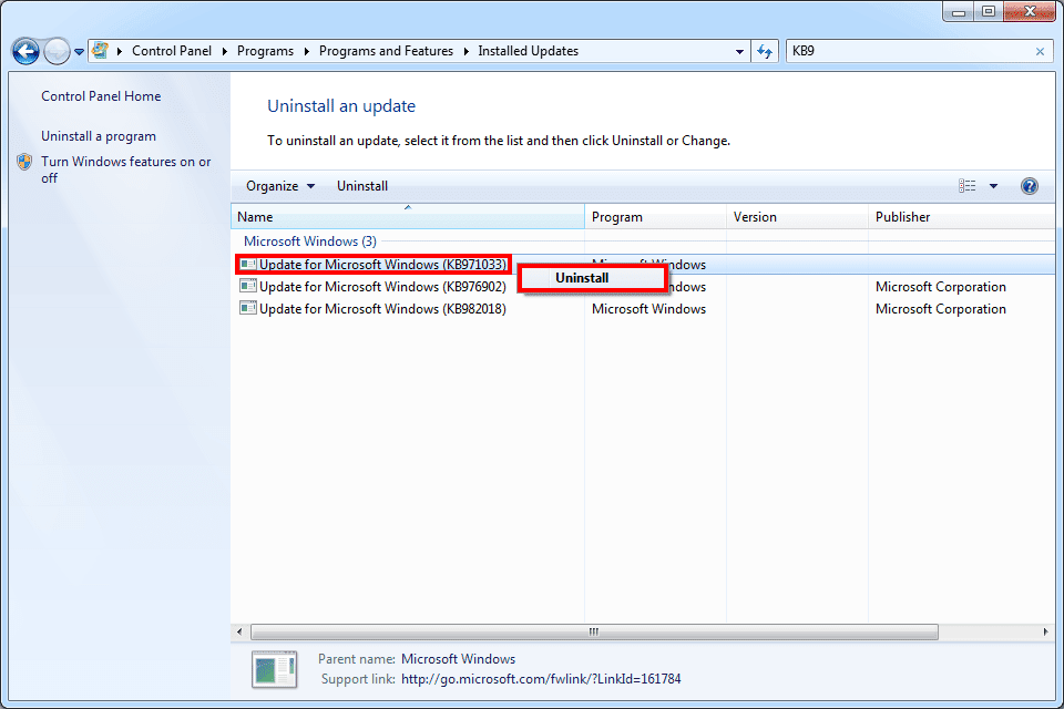 Näyttökuva, joka näyttää kuinka KB971033 poistetaan Windows 7:ssä