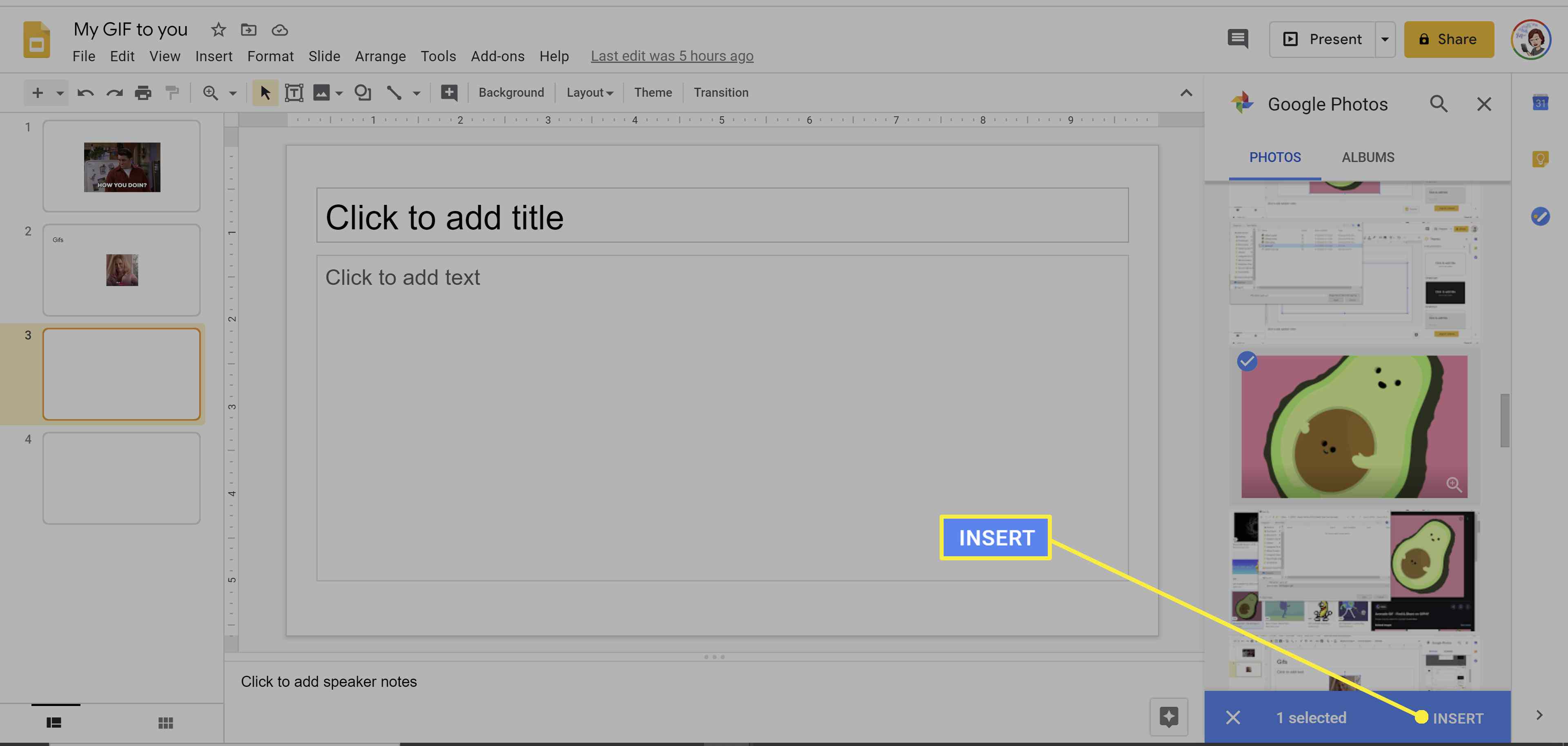 Lisää GIF-tiedostoja Google Slides -sovellukseen.