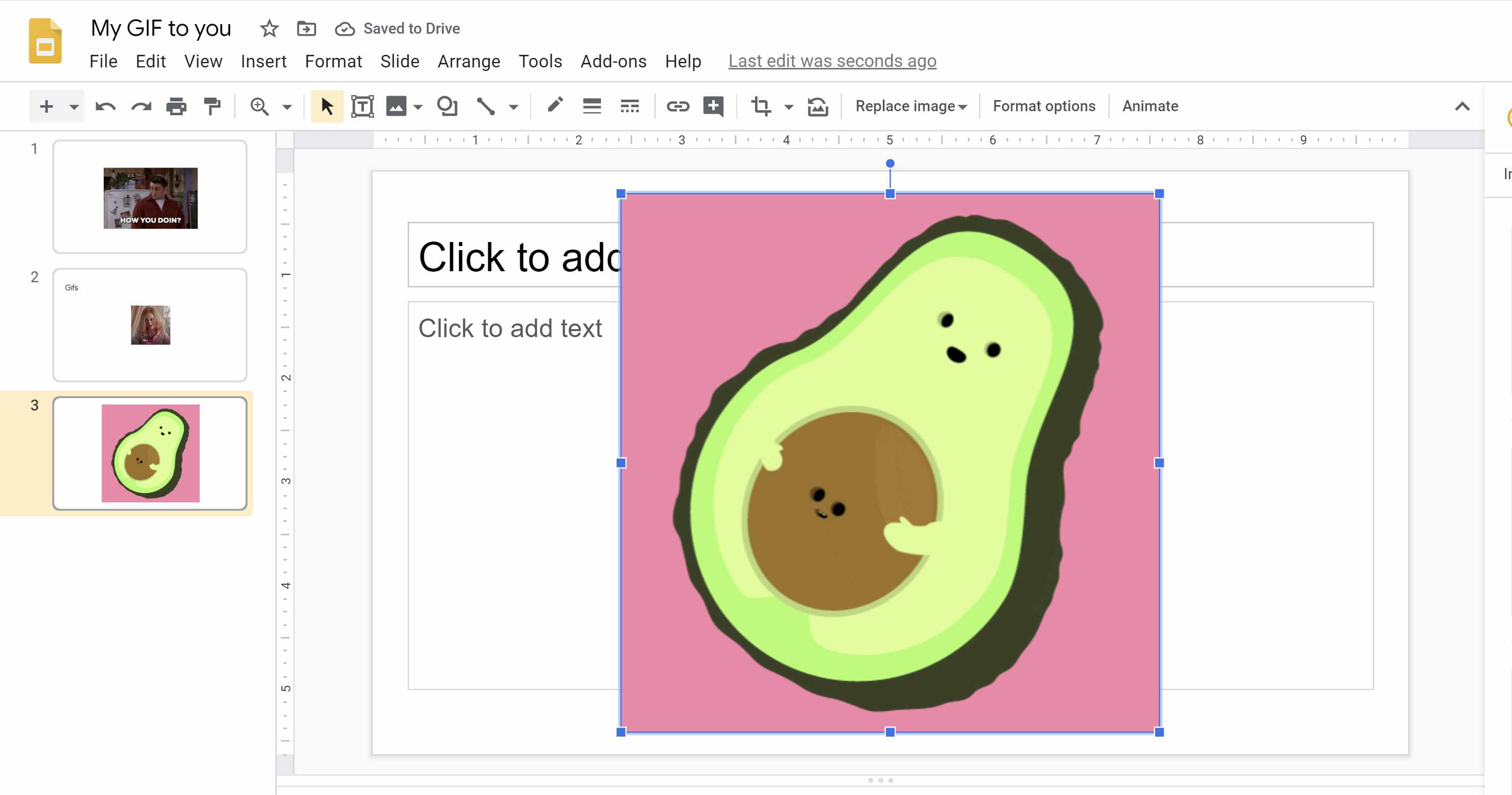 Lisää GIF-tiedostoja Google Slides -sovellukseen.