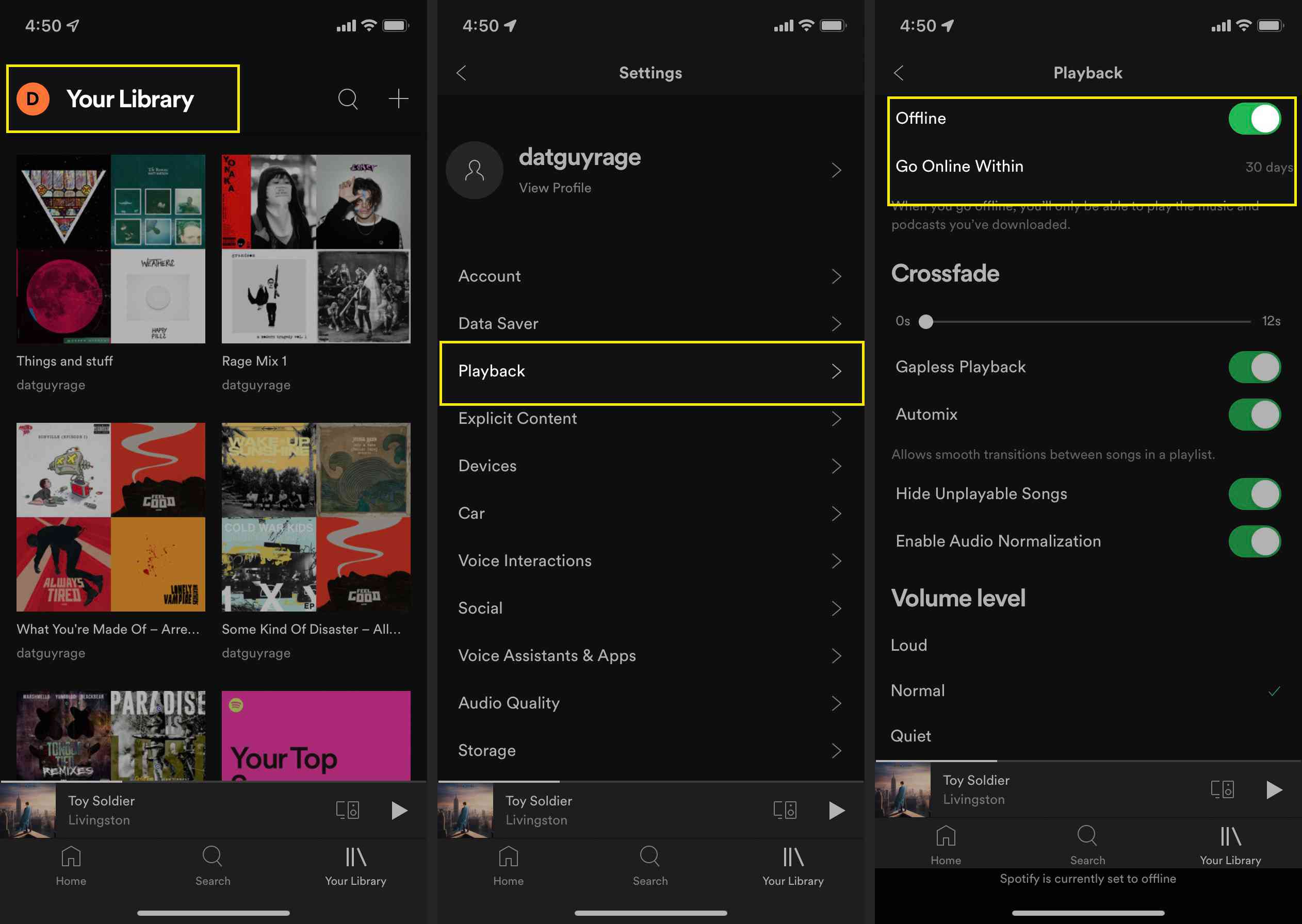Spotify-sovellus, jossa tilikuvake, Asetukset, Toisto ja Offline-kytkin korostettuna