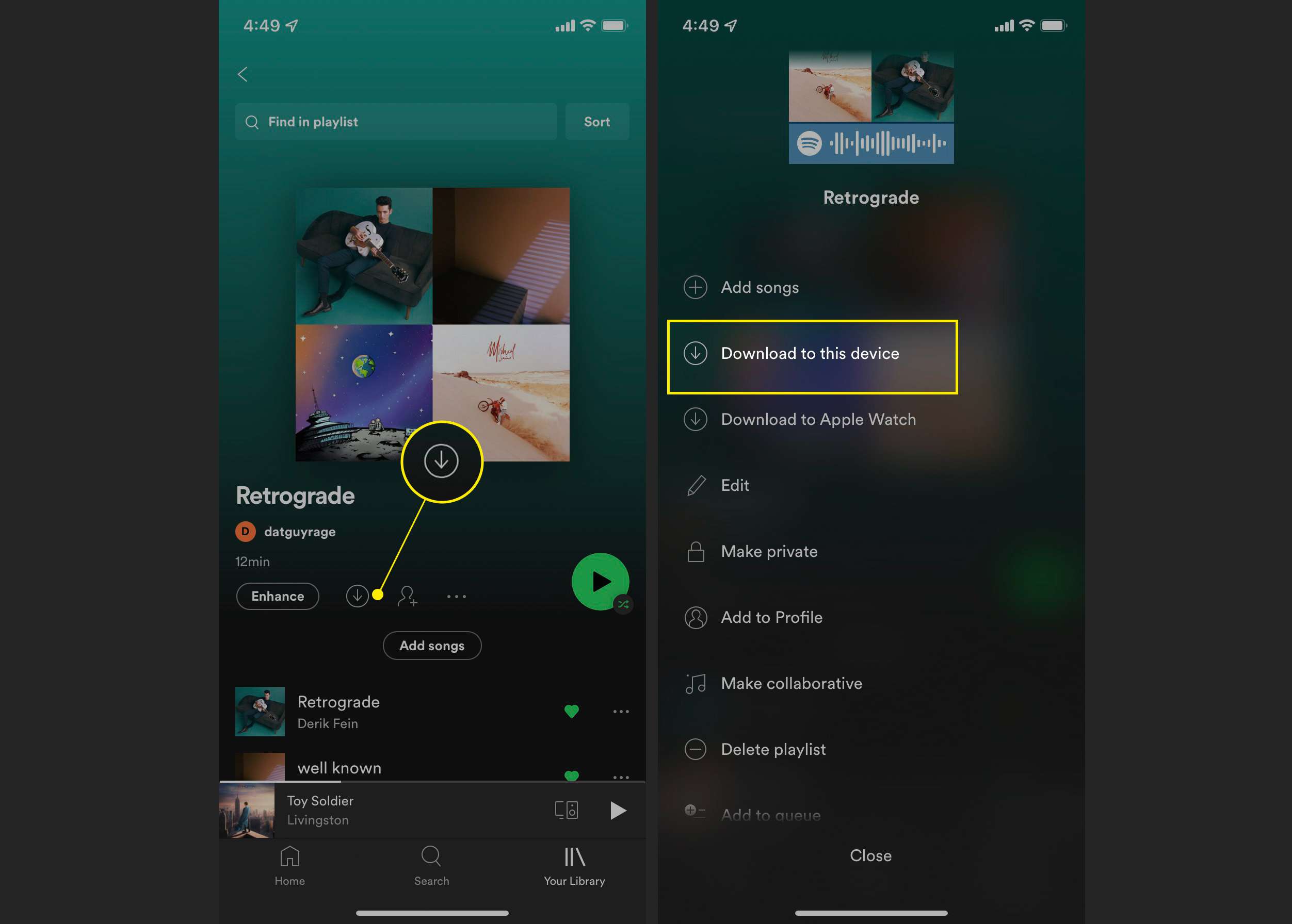 Spotify-mobiilisovelluksen soittolistanäyttö, jossa latausnuoli ja "Lataa tähän laitteeseen" on korostettuna